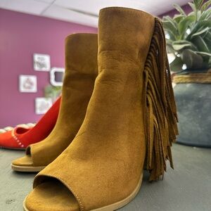 Big Buddha Tan Heeled Fringe Boots